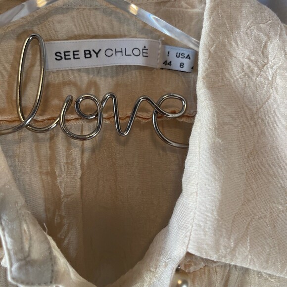 See By Chloe Crinkled Drawstring Waist Pearl Button Cream Blouse Sz 8 - Picture 8 of 9